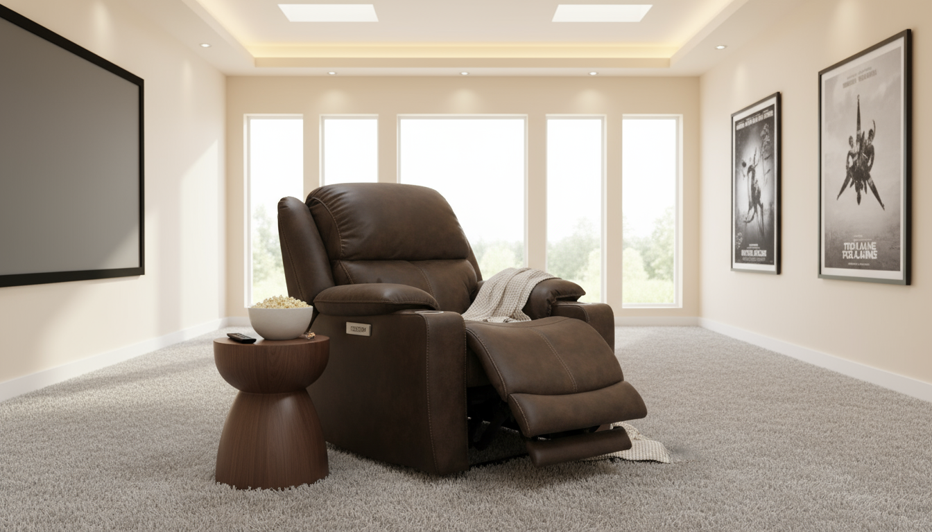 Arthur Walnut Home Theater Recliner in a bright home theater setting
