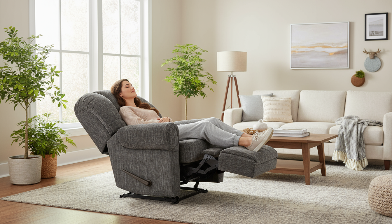 Gray recliner in modern living room with relaxed person