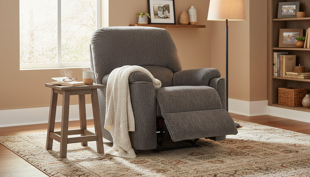 Payday Recliner Mink in a cozy, homey living room