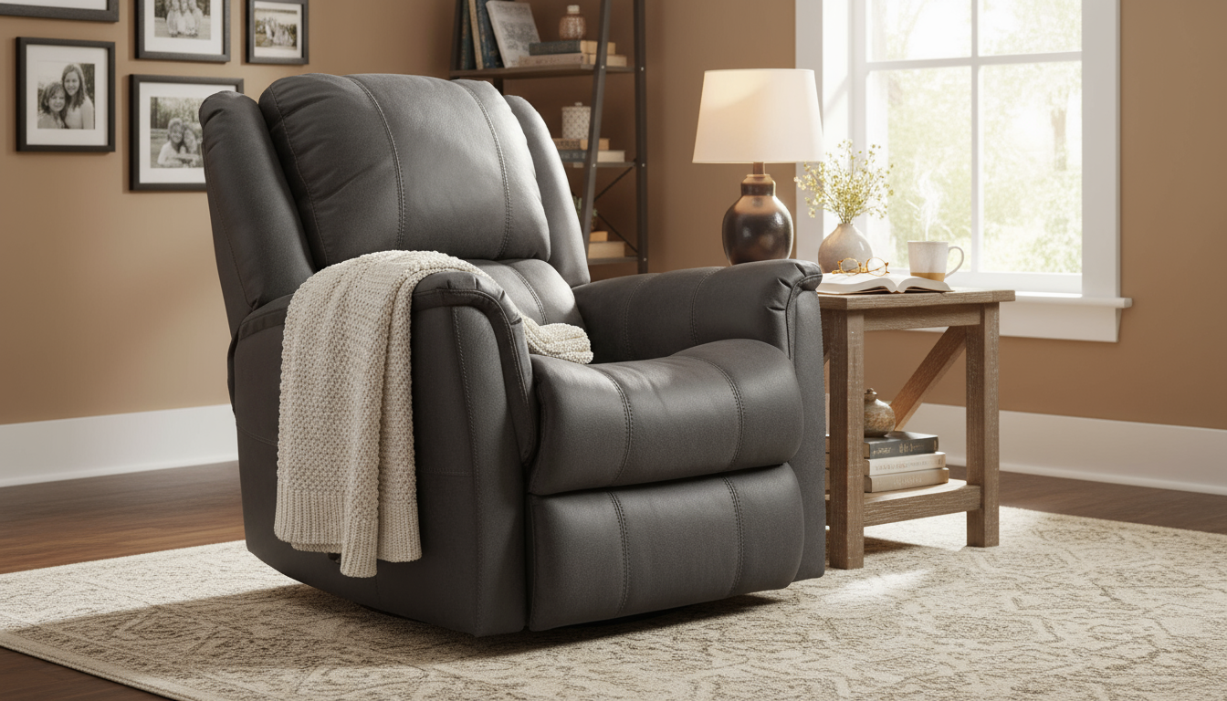 Venus Swivel Recliner Steel in a warm, homey living room