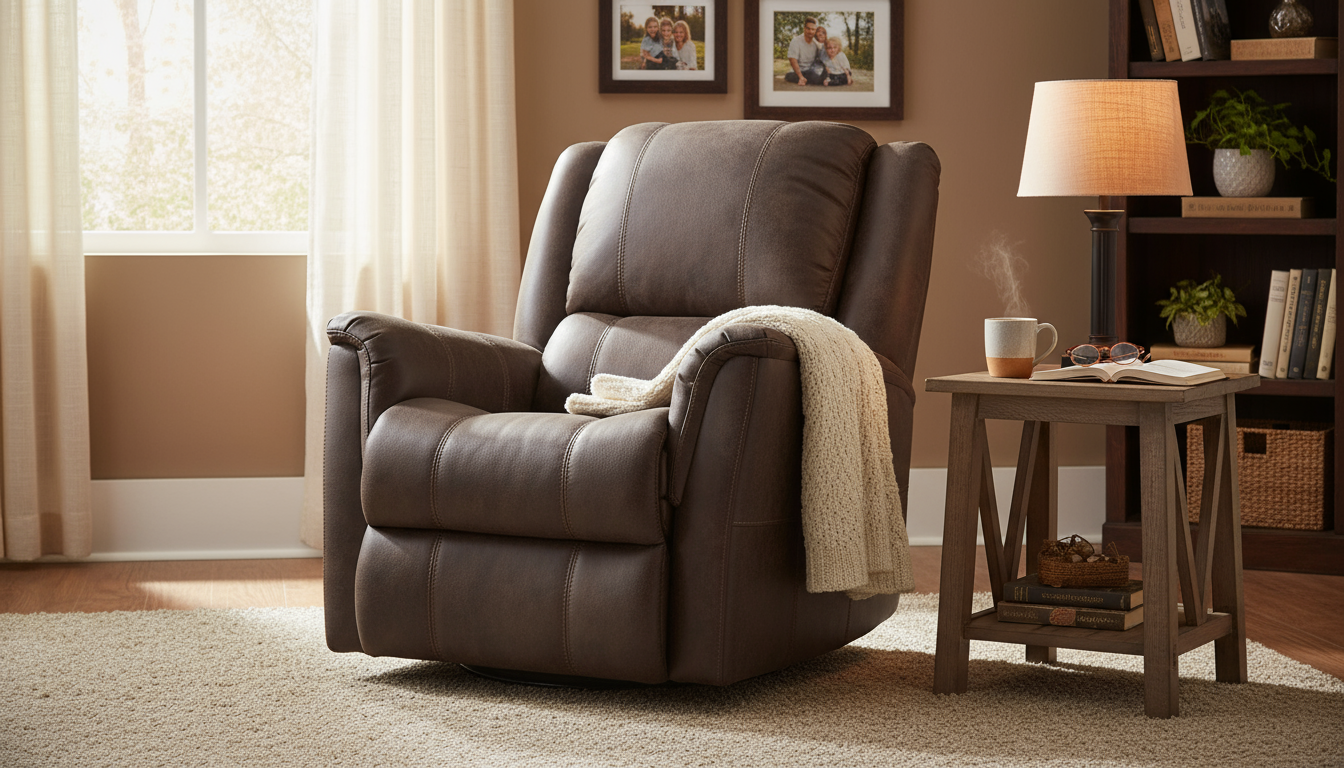 Venus Swivel Recliner Walnut in a warm, homey living room
