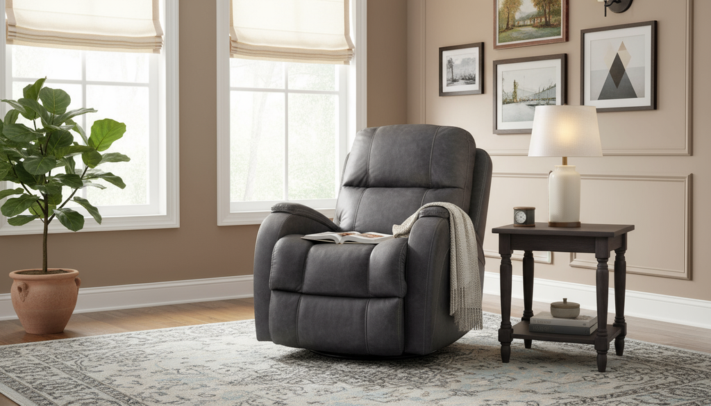 Zena Swivel Recliner Graphite in a transitional style living room